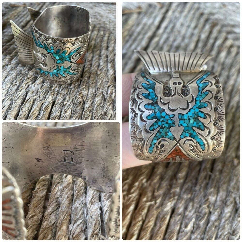 Native American Peyote Bird Coral Turquoise Sterling Silver Watch Cuff 133 Grams